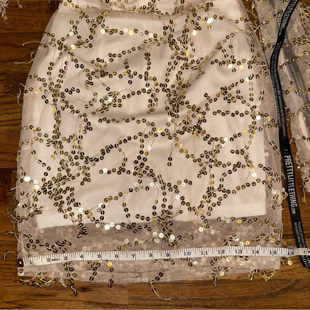 NWT Pretty Little Thing Sz 2 Beaded Sheer Sleeve Party Dress Champagne - Picture 7 of 9